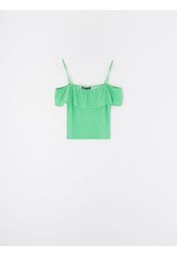 Sinsay - Top na ramiączkach z falbaną przy dekolcie - zielony. Kolor: zielony. Długość rękawa: na ramiączkach