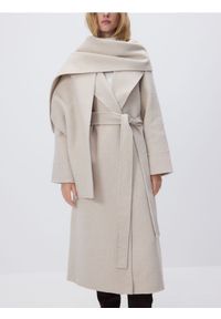 Reserved - Płaszcz handmade z odpinanym szalem - kremowy. Kolor: kremowy. Materiał: tkanina, wełna #1