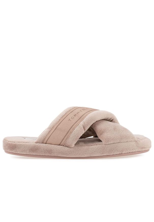 TOMMY HILFIGER - Kapcie Tommy Hilfiger Comfy Home Slippers With Straps FW0FW06587-AE9 - beżowe. Okazja: na co dzień, do domu. Kolor: beżowy. Materiał: guma, tkanina. Wzór: paski. Obcas: na płaskiej podeszwie. Styl: casual