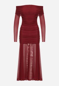 Born2be - Bordowa Taliowana Sukienka Typu Hiszpanka z Transparentnymi Wstawkami Halacia. Okazja: na imprezę. Typ kołnierza: dekolt hiszpanka. Kolor: czerwony. Styl: elegancki #3