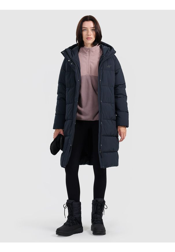 4f - 4F Płaszcz puchowy z wypełnieniem syntetycznym damski - czarny M. Kolor: czarny. Materiał: puch, syntetyk. Długość rękawa: raglanowy rękaw. Długość: do kolan. Sezon: zima