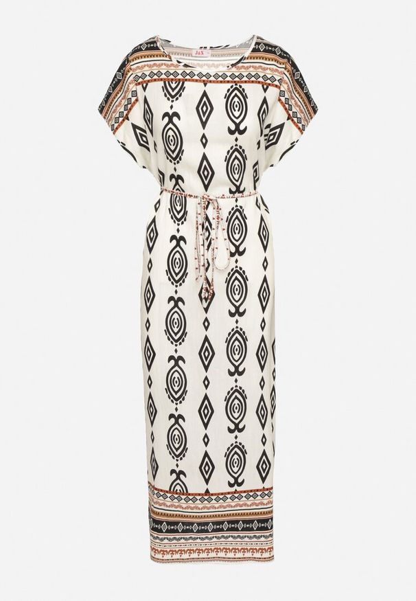 Born2be - Biała Pudełkowa Sukienka z Wiskozy w Etniczny Wzór Mirosela. Okazja: na co dzień. Kolor: biały. Materiał: wiskoza. Długość rękawa: krótki rękaw. Styl: klasyczny, casual, elegancki