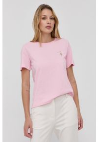 Trussardi Jeans - Trussardi t-shirt bawełniany kolor fioletowy. Kolor: fioletowy. Materiał: bawełna. Długość rękawa: krótki rękaw. Długość: krótkie. Wzór: aplikacja