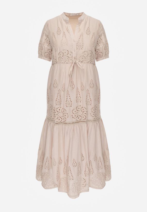 Renee - Beżowa Haftowana Sukienka Bawełniana ze Ściągaczem w Talii Ineryna. Kolor: beżowy. Materiał: bawełna. Wzór: haft. Sezon: lato. Styl: boho
