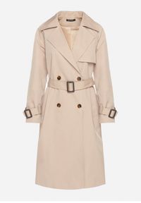 Born2be - Beżowy Płaszcz w Stylu Trencza Ozdobiony Paskiem z Klamrą Ninellira. Kolor: beżowy. Materiał: jeans. Długość rękawa: długi rękaw. Długość: długie. Wzór: aplikacja. Styl: klasyczny, elegancki #6