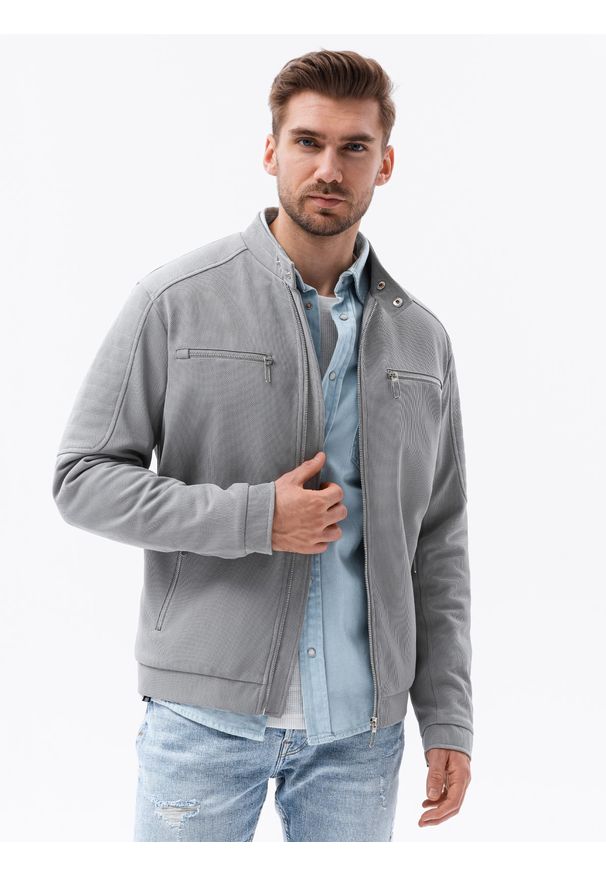 Szara kurtka Ombre Clothing ze stójką, na wiosnę