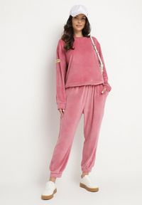 Born2be - Różowy Welurowy Komplet Dresowy Bluza i Spodnie Typu Jogger Lisilwena. Kolor: różowy. Materiał: dresówka, welur. Sport: turystyka piesza #5