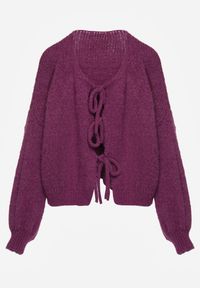 Renee - Fioletowy Kardigan z Wełną o Kroju Oversize z Wiązanymi Kokardami Elearina. Okazja: na co dzień. Typ kołnierza: kokarda. Kolor: fioletowy. Materiał: wełna. Styl: casual, street, elegancki #5