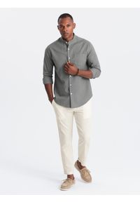 Ombre Clothing - Podwijane męskie spodnie chino z dodatkiem lnu – kremowe V2 OM-PACP-0198 - XL. Okazja: na co dzień. Kolor: kremowy. Materiał: len. Sezon: lato. Styl: casual #6