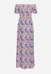 Born2be - Ciemnofioletowa Rozkloszowana Sukienka Typu Hiszpanka z Marszczoną Górą Jesteria. Typ kołnierza: dekolt hiszpanka. Kolor: fioletowy. Długość rękawa: krótki rękaw. Styl: wakacyjny, elegancki #5