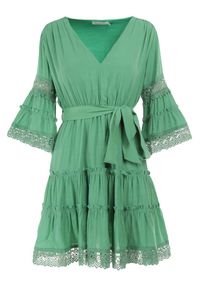 Born2be - Zielona Sukienka Hypsadina. Kolor: zielony. Materiał: materiał, bawełna, tkanina, koronka. Wzór: koronka. Typ sukienki: rozkloszowane. Długość: mini #4