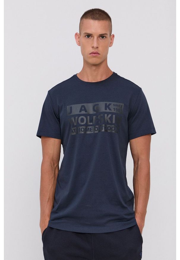 Jack Wolfskin - T-shirt. Okazja: na co dzień. Kolor: niebieski. Materiał: bawełna. Wzór: nadruk. Styl: casual