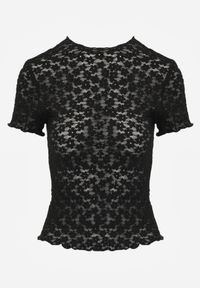 Renee - Czarna Dopasowana Bluzka z Koronki z Krótkim Rękawem Britune. Okazja: na co dzień. Kolor: czarny. Materiał: koronka. Długość rękawa: krótki rękaw. Długość: krótkie. Wzór: koronka. Sezon: lato. Styl: casual #2