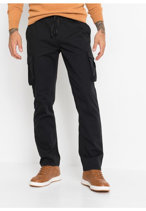 bonprix - Spodnie bojówki Regular Fit Straight z czystej bawełny. Kolor: czarny. Materiał: bawełna