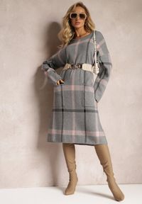 Renee - Szara Midi Sukienka w Kratę z Kieszeniami o Pudełkowym Fasonie Bamira. Kolor: szary. Długość rękawa: długi rękaw. Długość: midi #5