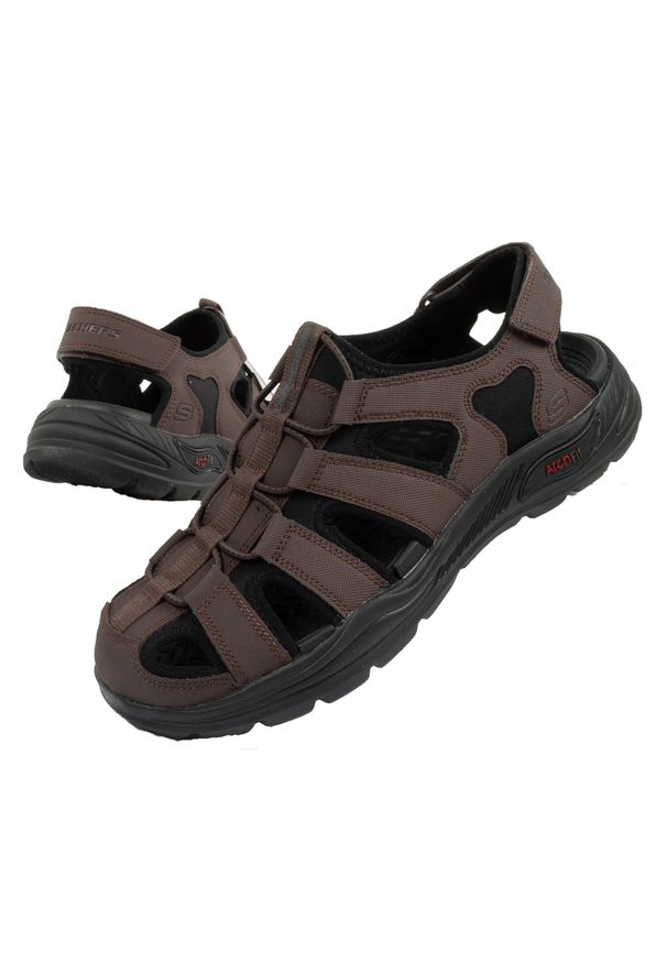 skechers - Buty sandały męskie Skechers Arch Fit. Kolor: brązowy. Materiał: skóra ekologiczna, materiał, syntetyk
