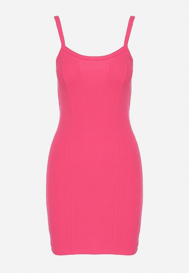 Born2be - Fuksjowa Bawełniana Dopasowana Sukienka z Prążkowanej Dzianiny Tenasela. Okazja: na spacer. Kolor: różowy. Materiał: dzianina, bawełna, prążkowany. Długość rękawa: na ramiączkach. Styl: klasyczny