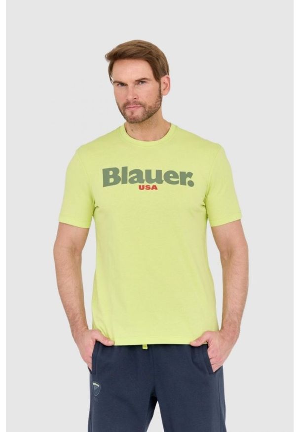 Blauer USA - BLAUER Zielony męski t-shirt z dużym logo. Kolor: zielony
