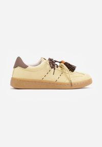 Born2be - Żółte Sneakersy w Stylu Retro Tenisówek z Podwójnym Sznurowaniem i Frędzlami Salmisa. Okazja: na co dzień. Zapięcie: sznurówki. Kolor: żółty. Materiał: jeans, dzianina #2