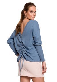 MOE - Sweter Ściągany na Plecach Troczkami - Niebieski. Kolor: niebieski. Materiał: elastan, bawełna
