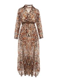 Born2be - Brązowo-Beżowa Sukienka Z Paskiem Phaenala. Kolor: brązowy. Materiał: zamsz. Wzór: nadruk, motyw zwierzęcy. Styl: klasyczny. Długość: maxi #4
