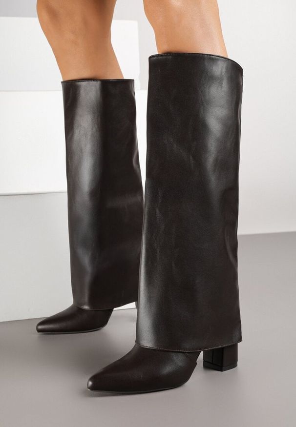 Born2be - Brązowe Botki na Słupku z Dodatkową Cholewką Imitującą Nogawkę Nalapeia. Okazja: na co dzień. Kolor: brązowy. Materiał: jeans. Szerokość cholewki: normalna. Obcas: na słupku. Styl: casual, elegancki