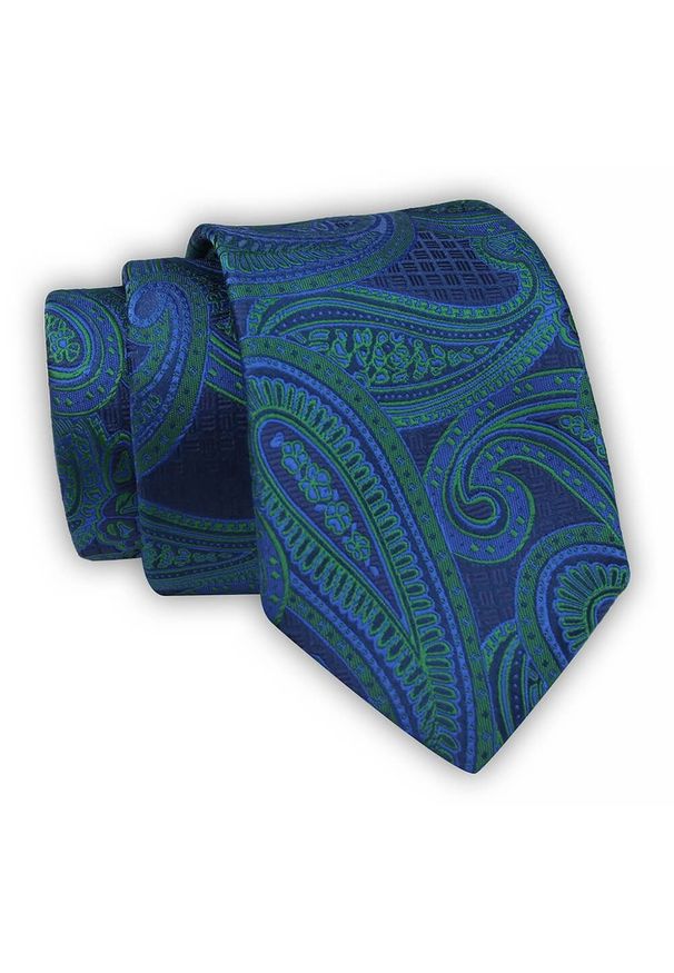 Krawat Alties (7 cm) - Niebieski z Zielonymi Akcentami. Kolor: niebieski. Materiał: tkanina. Styl: elegancki, wizytowy