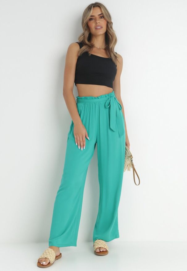 Born2be - Miętowe Spodnie Szerokie Pheriko. Kolor: miętowy. Materiał: wiskoza, tkanina, materiał, guma. Długość: długie. Sezon: lato