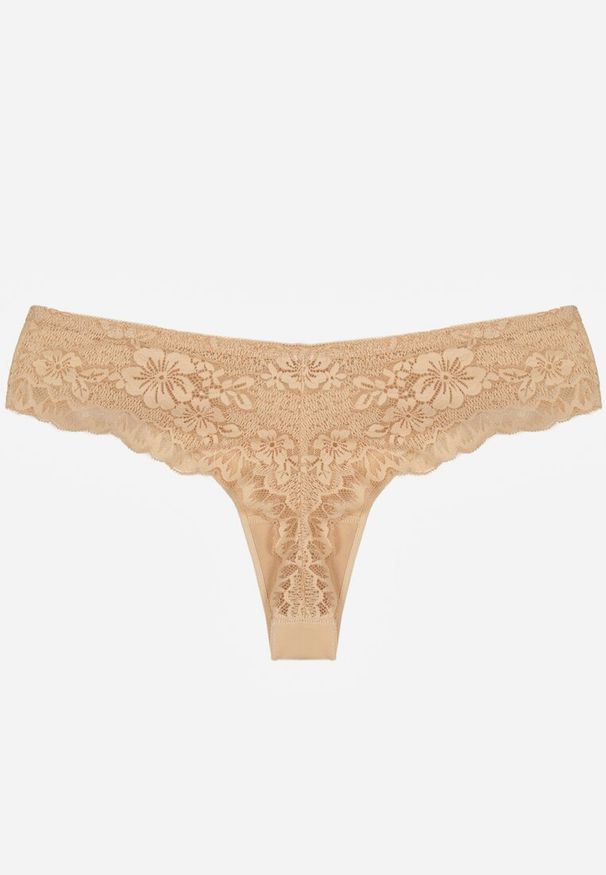 Renee - Beżowe Majtki Stringi Ozdobione Koronką Phisoris. Kolor: beżowy. Materiał: koronka. Wzór: aplikacja, koronka