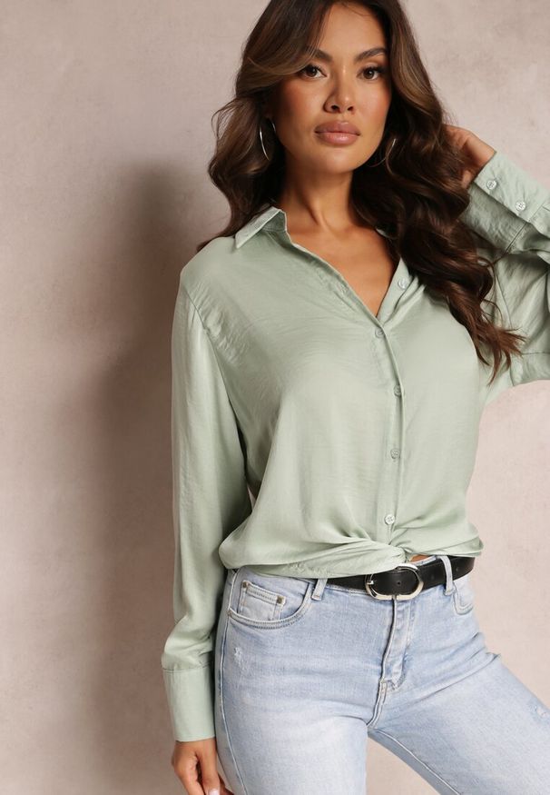 Renee - Miętowa Gładka Koszula z Mankietami i Kołnierzem Rossy. Kolor: miętowy. Materiał: jeans, skóra. Wzór: gładki