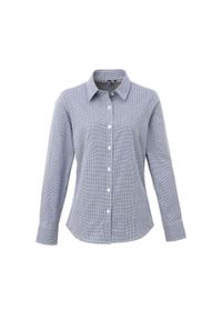 PREMIER - Damska Bawełniana Koszula Z Długim Rękawem W Kratkę Micro Gingham. Okazja: na co dzień. Kolor: biały, niebieski, wielokolorowy. Materiał: bawełna. Długość rękawa: długi rękaw. Długość: długie. Wzór: kratka. Styl: casual