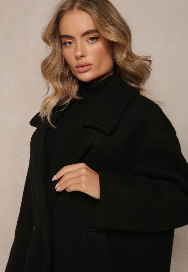 Renee - Czarny Dwurzędowy Płaszcz Oversize z Wełną Spolete. Kolor: czarny. Materiał: wełna. Styl: elegancki