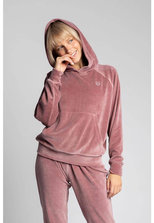 LaLupa - Welurowa nietoperzowa bluza oversize. Okazja: do domu. Typ kołnierza: kaptur. Materiał: welur. Wzór: haft