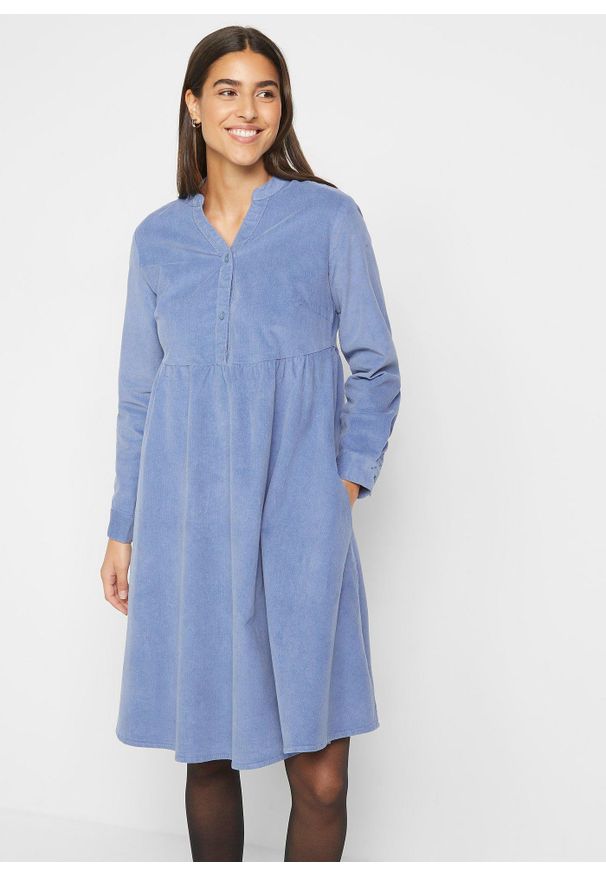 bonprix - Sukienka ze sztruksu z bawełny. Typ kołnierza: dekolt w serek. Kolor: niebieski. Materiał: sztruks, bawełna