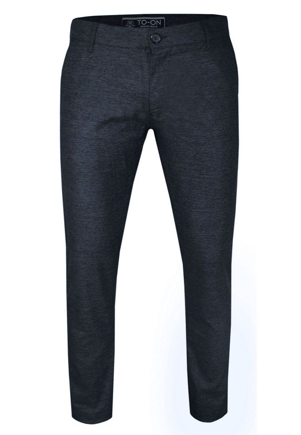 Granatowe Casualowe Spodnie Męskie, Slim Fit -TO-ON- Zwężane, Chinosy, Tłoczony Wzór, Melanżowe. Okazja: na co dzień. Kolor: niebieski. Materiał: elastan, bawełna. Wzór: melanż. Styl: casual