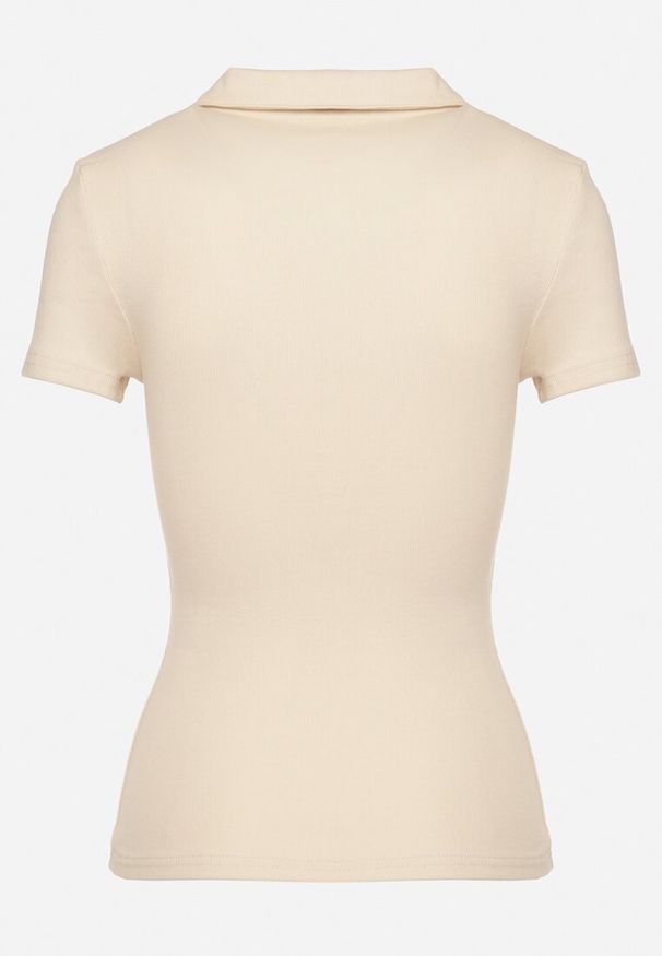 Born2be - Beżowy Bawełniany T-shirt Prążkowany Typu Polo z Guzikami Avelavia. Okazja: na co dzień. Typ kołnierza: polo. Kolor: beżowy. Materiał: bawełna, prążkowany. Styl: casual, klasyczny