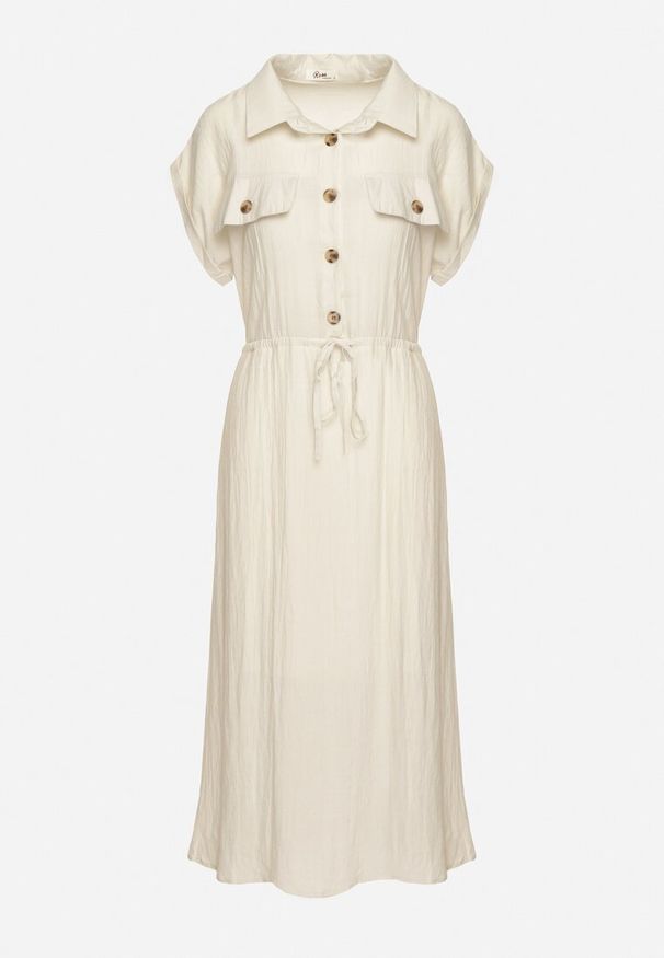 Born2be - Beżowa Wiskozowa Rozkloszowana Sukienka z Gumką w Talii Ozdobiona Guzikami Lemvia. Okazja: na spotkanie biznesowe. Kolor: beżowy. Materiał: wiskoza. Wzór: aplikacja. Typ sukienki: sportowe, rozkloszowane. Styl: biznesowy, elegancki, sportowy, klasyczny