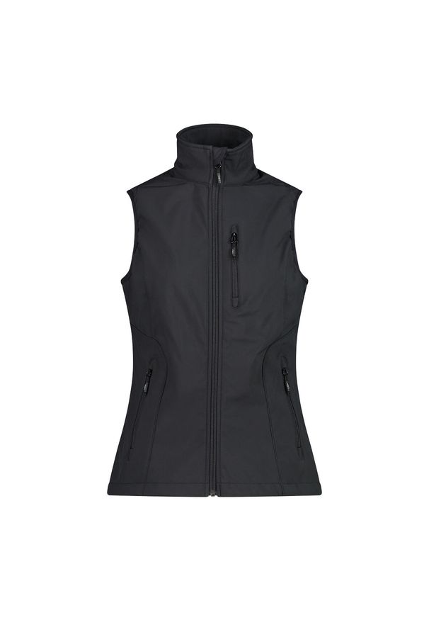 Damska kurtka softshellowa bez rękawów CMP. Typ kołnierza: kaptur. Kolor: czarny. Materiał: softshell. Długość rękawa: bez rękawów. Sport: turystyka piesza