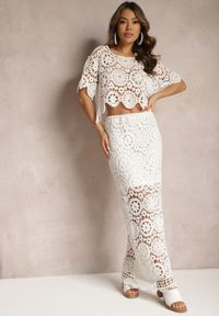 Renee - Biały Bawełniany Komplet Boho z Ażurowymi Wycięciami Spódnica Maxi i Bluzka Belrina. Kolor: biały. Materiał: bawełna. Wzór: ażurowy