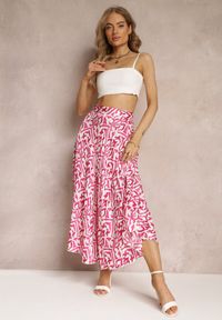 Renee - Fuksjowa Plisowana Spódnica Maxi w Fantazyjny Print Maritha. Kolor: różowy. Materiał: satyna, tkanina. Wzór: nadruk #4