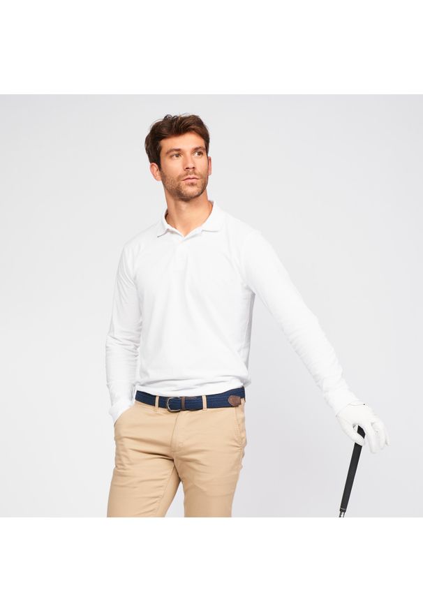 INESIS - Koszulka do golfa polo z długim rękawem męska MW500. Typ kołnierza: golf, polo. Kolor: biały. Materiał: poliester, materiał, bawełna. Długość rękawa: długi rękaw. Długość: długie