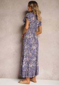 Renee - Granatowa Bawełniana Sukienka Paisley z Kopertowym Dekoltem z Falbaną i Gumką w Talii Brionea. Okazja: na co dzień. Typ kołnierza: dekolt kopertowy. Kolor: niebieski. Materiał: bawełna. Długość rękawa: krótki rękaw. Wzór: paisley. Typ sukienki: kopertowe. Styl: elegancki, casual #4