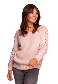MOE - Sweter z Grubym Warkoczem na Rękawach - Różowy. Kolor: różowy. Materiał: nylon, wełna, akryl