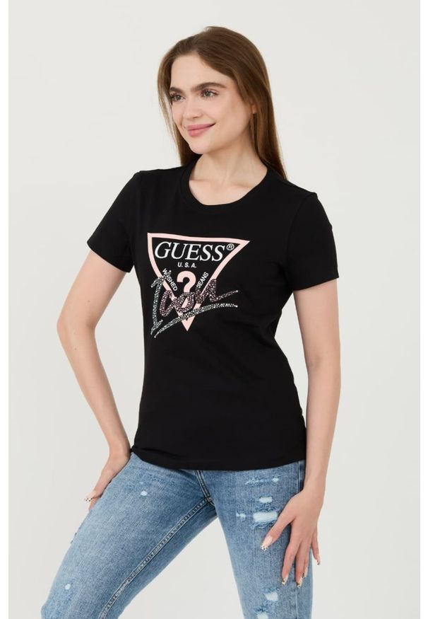 Guess - GUESS Czarny damski t-shirt bawełniany Icon Tee, Rozmiar M. Kolor: czarny. Materiał: bawełna