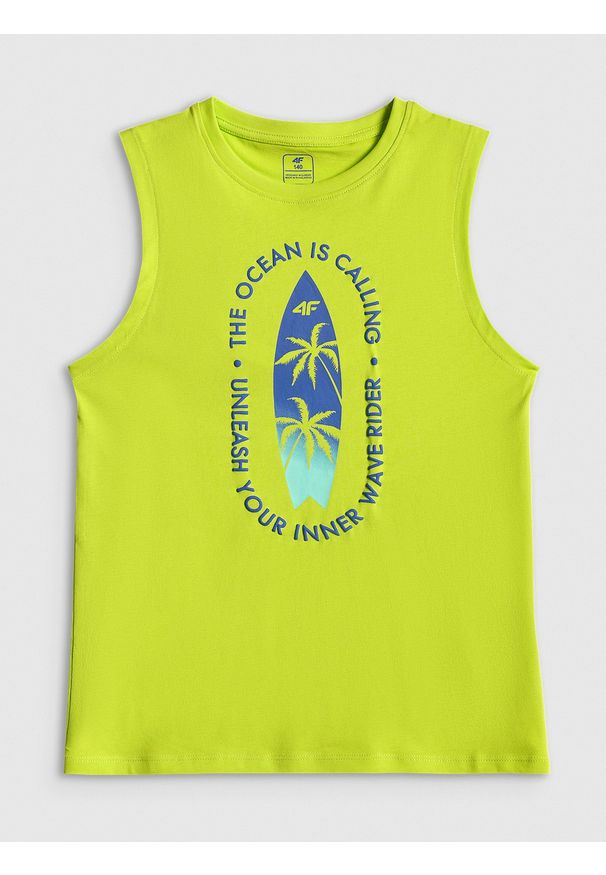 4f - 4F Koszulka bez rękawów regular z nadrukiem chłopięca - zielona 140 (9-10 lat). Kolor: zielony. Materiał: bawełna, skóra, materiał. Długość rękawa: bez rękawów. Wzór: nadruk. Sezon: lato