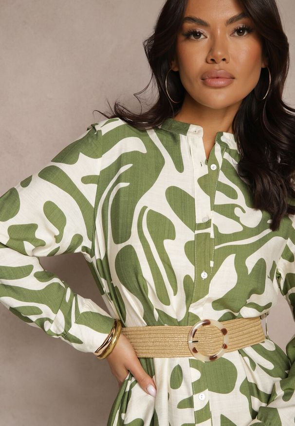 Renee - Zielona Sukienka z Wiskozą o Koszulowym Kroju z Plecionym Paskiem Faledina. Okazja: na co dzień. Kolor: zielony. Materiał: wiskoza. Długość rękawa: długi rękaw. Sezon: wiosna, lato. Typ sukienki: koszulowe. Styl: klasyczny, casual