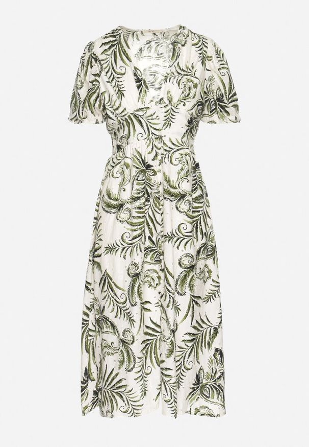 Born2be - Zielona Rozkloszowana Sukienka z Dekoltem w Serek Zdobiona Roślinnym Wzorem Evilirae. Okazja: na co dzień, na spotkanie biznesowe, do pracy. Typ kołnierza: dekolt w serek. Kolor: zielony. Wzór: aplikacja. Styl: biznesowy, casual