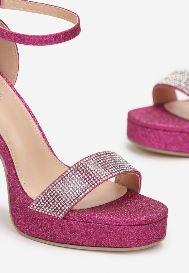 Renee - Fuksjowe Sandały Brokatowe na Platformie i Słupku Lirena. Kolor: różowy. Obcas: na platformie. Styl: wizytowy