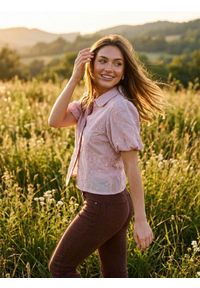 Sinsay - Bawełniana haftowana koszula z bufkami - różowy. Kolor: różowy. Materiał: bawełna. Wzór: haft #1