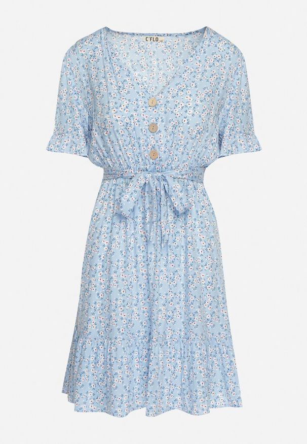 Born2be - Niebieska Sukienka Mini z Wiskozy Ozdobiona Falbanką w Kwiatowy Wzór Ravenina. Okazja: na co dzień, na randkę. Kolor: niebieski. Materiał: wiskoza. Wzór: aplikacja, kwiaty. Typ sukienki: proste. Styl: casual. Długość: mini